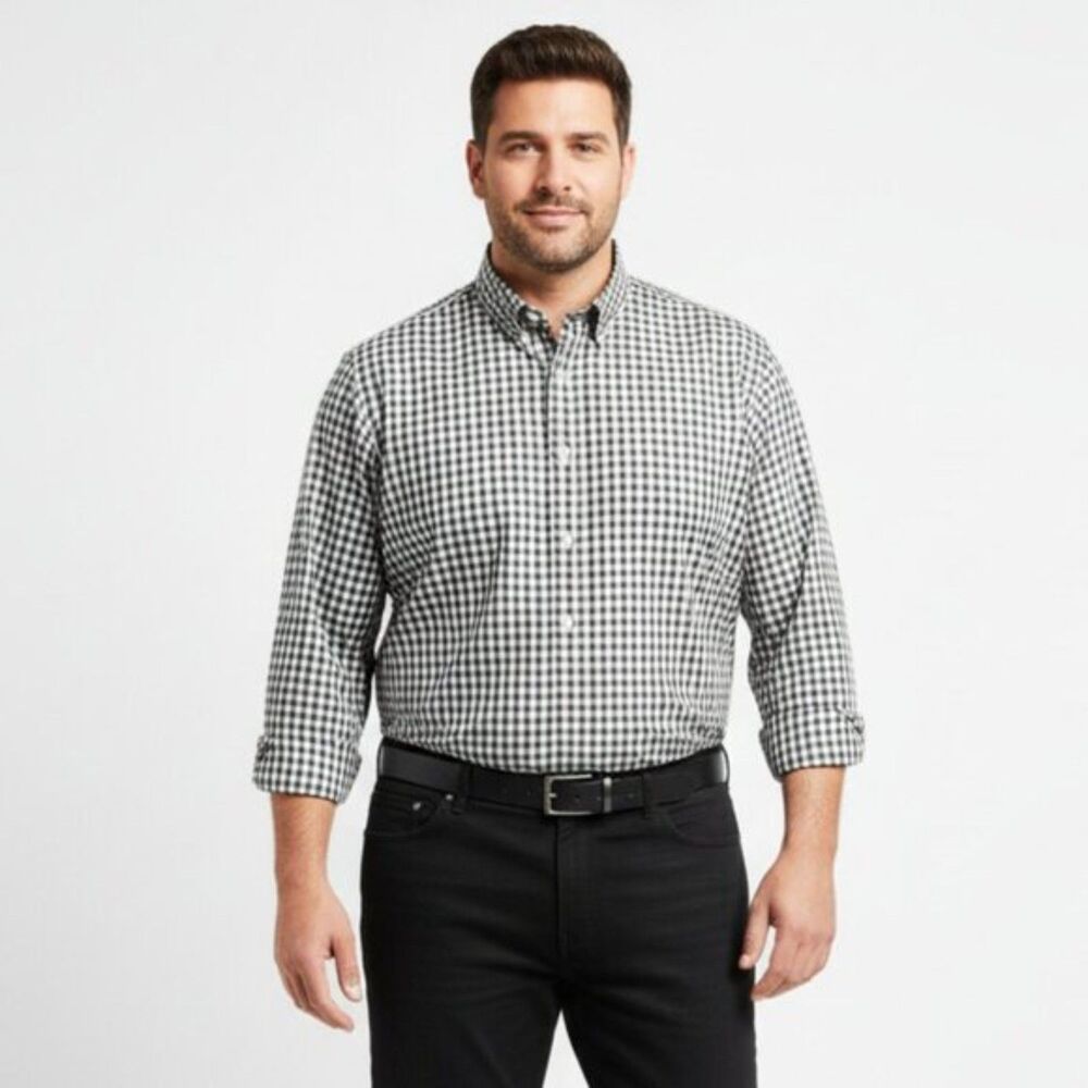 Roundtree & Yorke White & Black Plaid Long Sleeve Button Up & Down Shirt 2XT